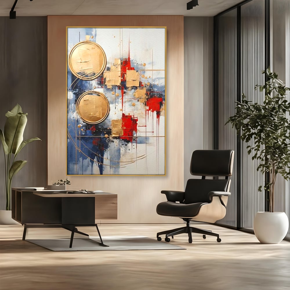 Tablou canvas cu tablou abstract cu cercuri aurii, in rama de aluminiu auriu, pe perete intr-un birou